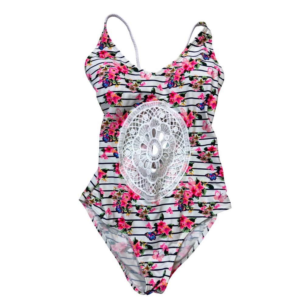 YMI Swimwear One Piece Swimsuit Juniors XL‎ Floral Stripe NWT Crochet Medallion